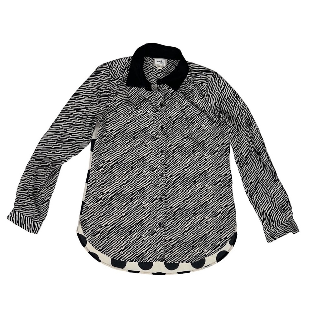 ECI New York Women Button Down Shirt Black White Roll-Tab Sleeve S NWOT